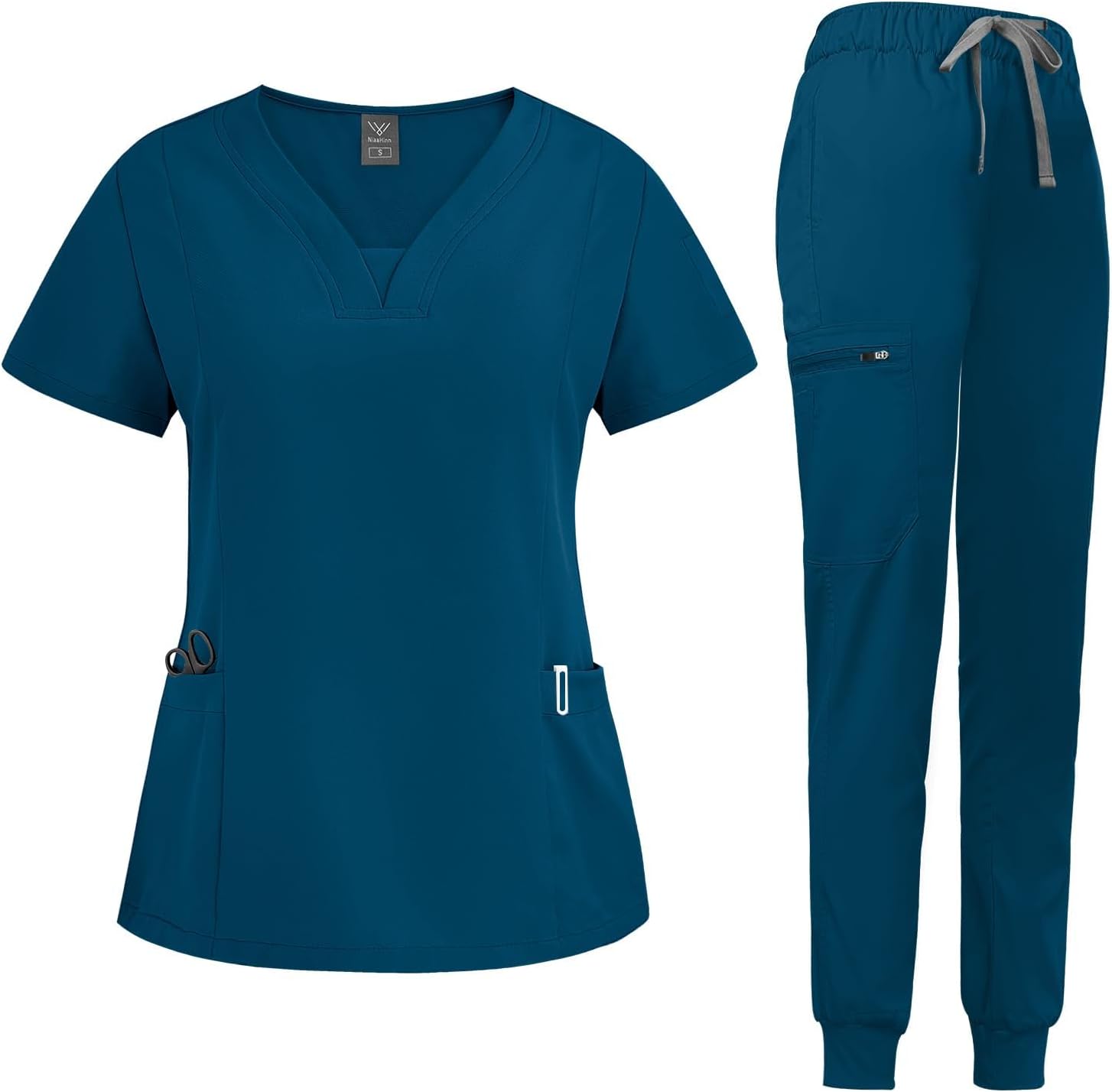 niaahinn Scrub Suit Set for Women Modern V-neck Top & Tapered Leg Jogger Pants with Drawstring Medical Nursing Uniforms Set