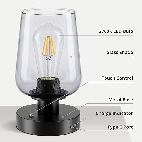 Miniatura 5 de FOLKSMATE Lámpara de mesita de noche inalámbrica, lámpara táctil recargable, luz nocturna regulable de 3 vías con bombilla LED, lámpara a pilas para