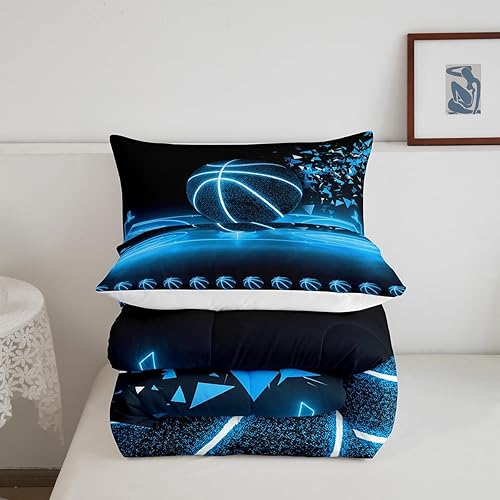 Miniatura 5 de Erosebridal Juego de edredón de baloncesto, tamaño individual, juego de ropa de cama deportiva de neón para niños, niñas, adolescentes, azul, negro,