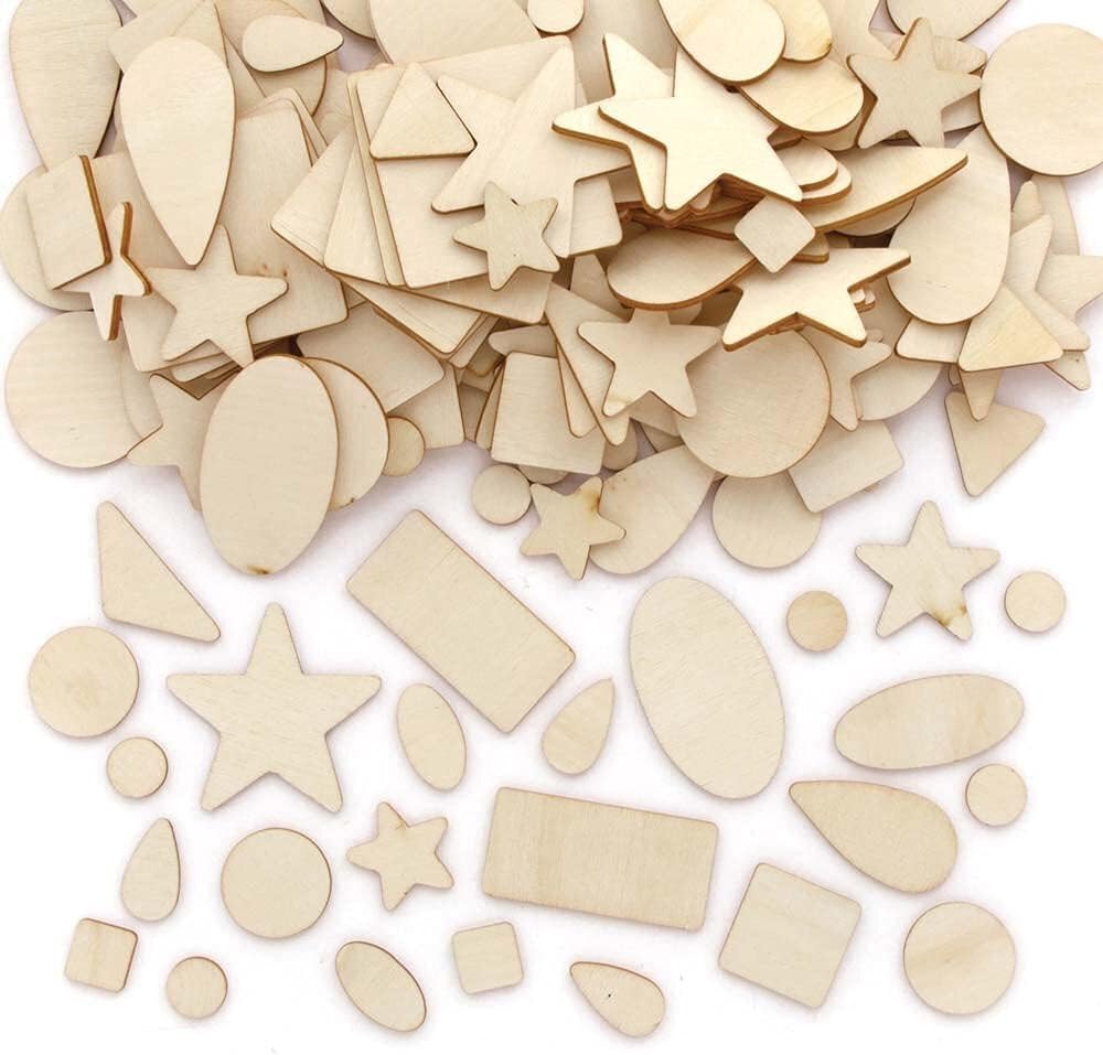 Baker Ross FE626 Assorted Wooden Craft Shapes - Pack of 180, Craft Embellishments, Craft Supplies for Kids