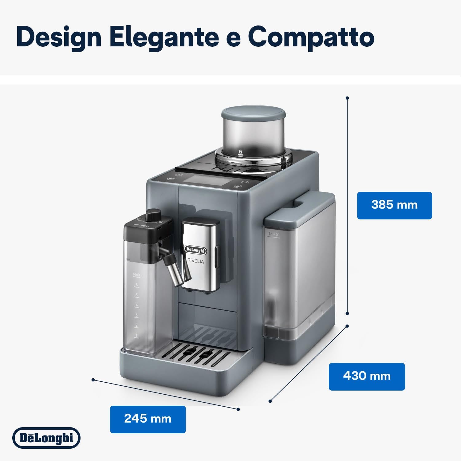 De'Longhi Rivelia coffee machine with dimensions labeled: 245mm width, 430mm depth, 385mm height
