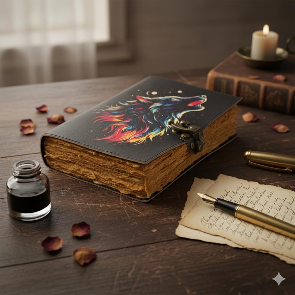 Oficart - Diario vintage in pelle, realizzato a mano, con lucchetto antico e carta di cotone ecologica, per scrittura, schizzi, viaggi, arte, poesia, spirituale e regalo (lupo cosmico)