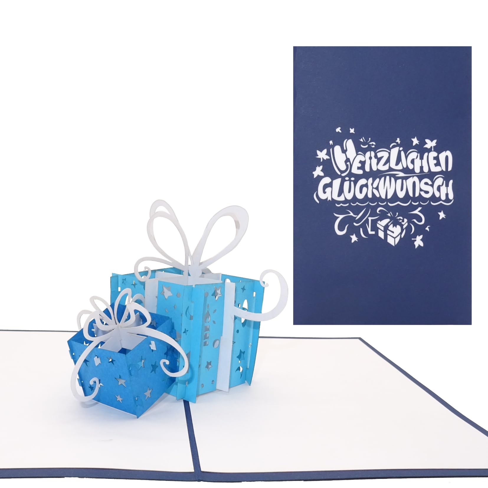 10er Set 3D Geburtstagskarte Geschenke - Blau & Weiß - Pop Up Karte zum Geburtstag, Namenstag und zur Geburt