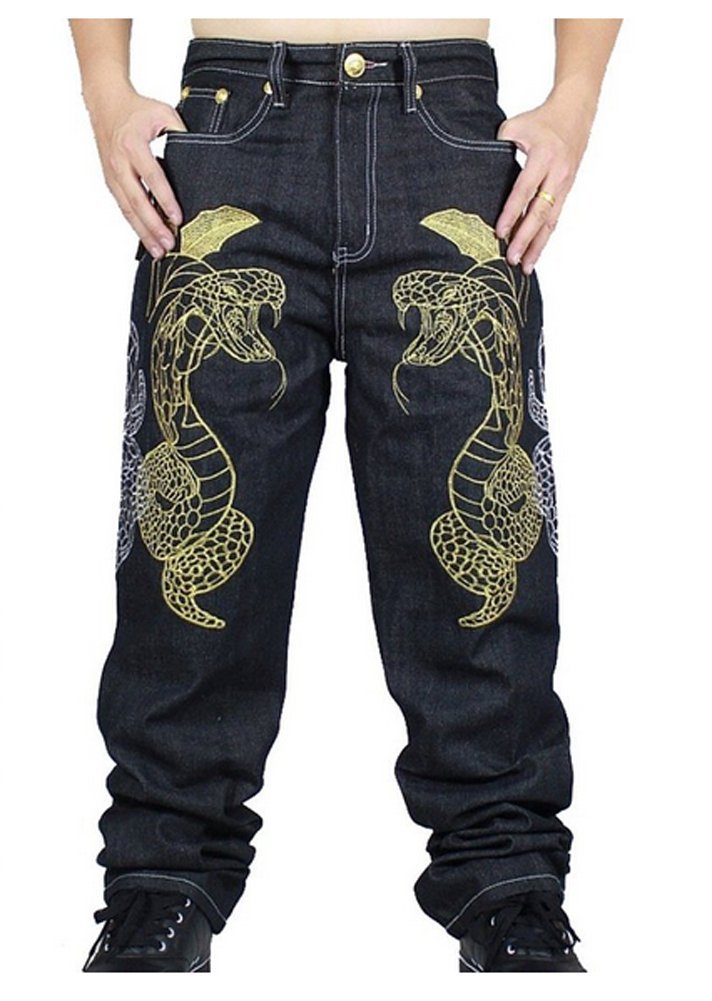 Men's Hip-hop Embroidered Printed Baggy Denim Jeans 6 Designs Black 1 36
