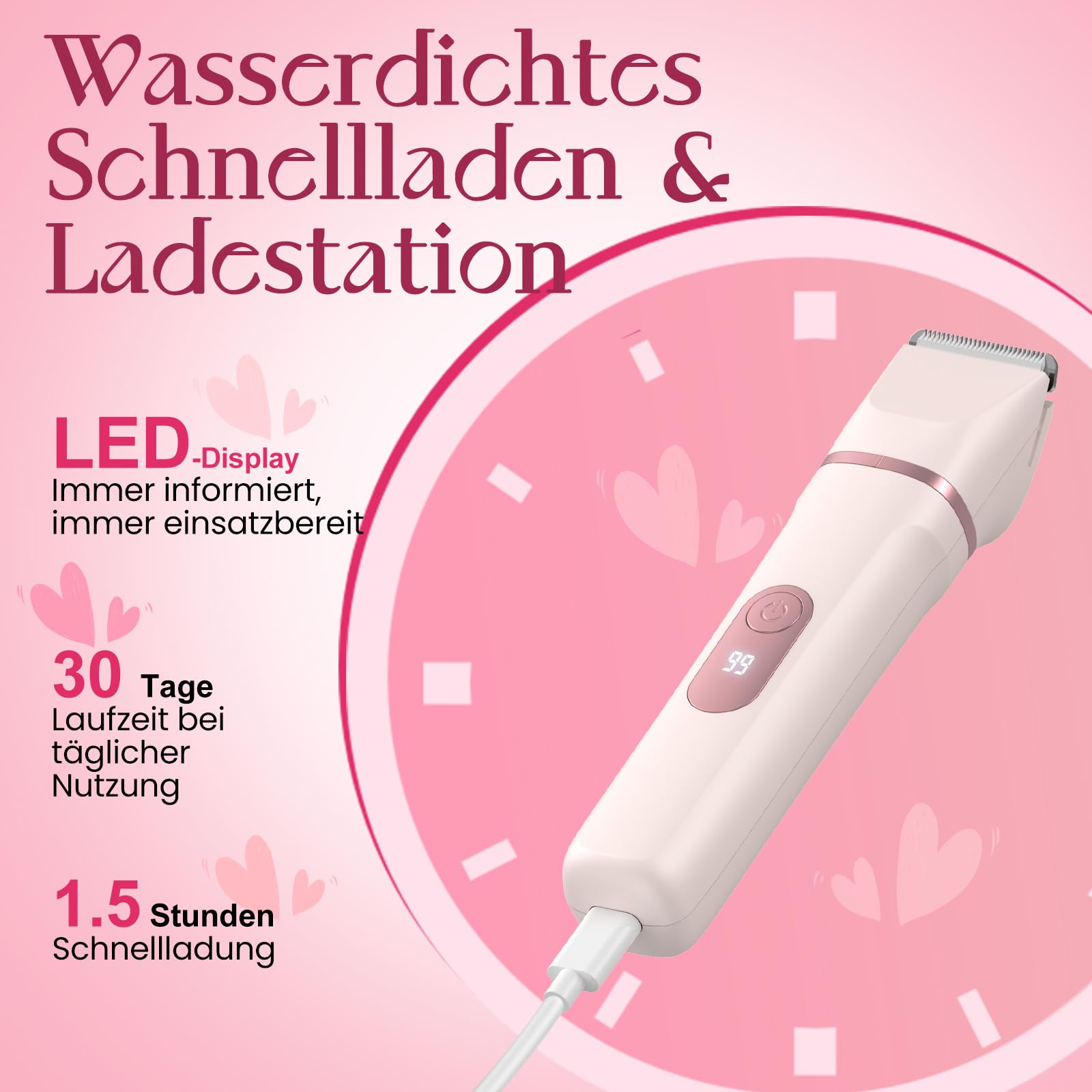 Rasierer Damen, 3-in-1 Intimrasierer für Frauen, für Körper & Intimbereich mit LED-Anzeige, Damenrasierer elektrisch IPX7, Wiederaufladbar mit USB-Ladestation, Trimmer Damen nass & trocken, Rosa
