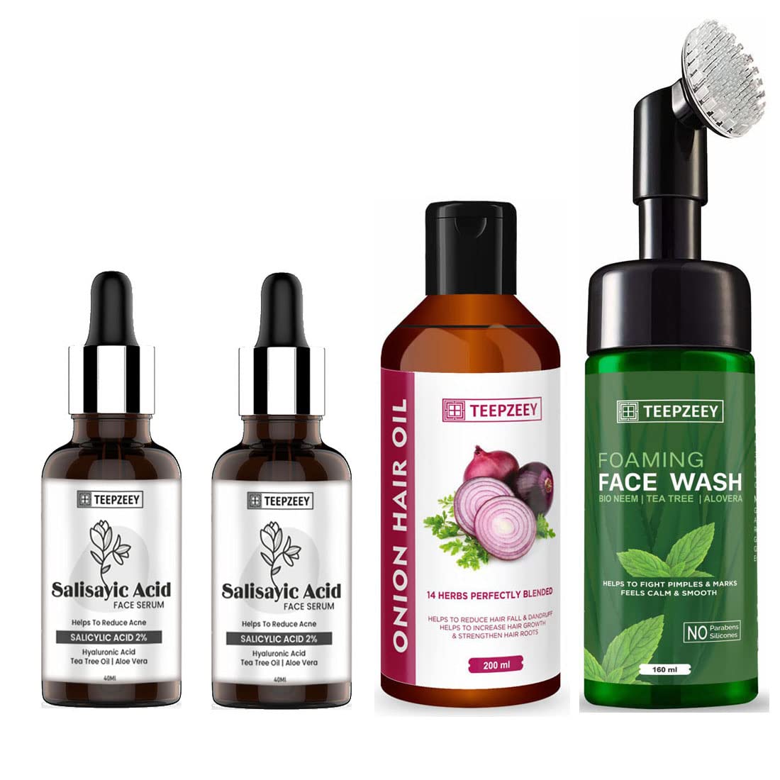 Teepzeey Salicylic Acid Face Serum for Acne - 40 ml (2 Piece) and Onion Hair Oil For Hair - 200ml Foaming Face Wash I Bio Neem I Tea Tree I Aloe Vera - 160ml