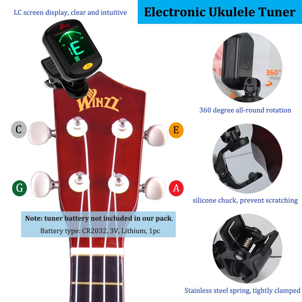 Winzz Ukulélé Soprano Kit de Démarrage pour Débutants avec Étui Souple Accordeur Amovible Cordes Supplémentaires Sangle Plectre Autocollants de Frette Carte d’accords Tissu de Polissage Marron
