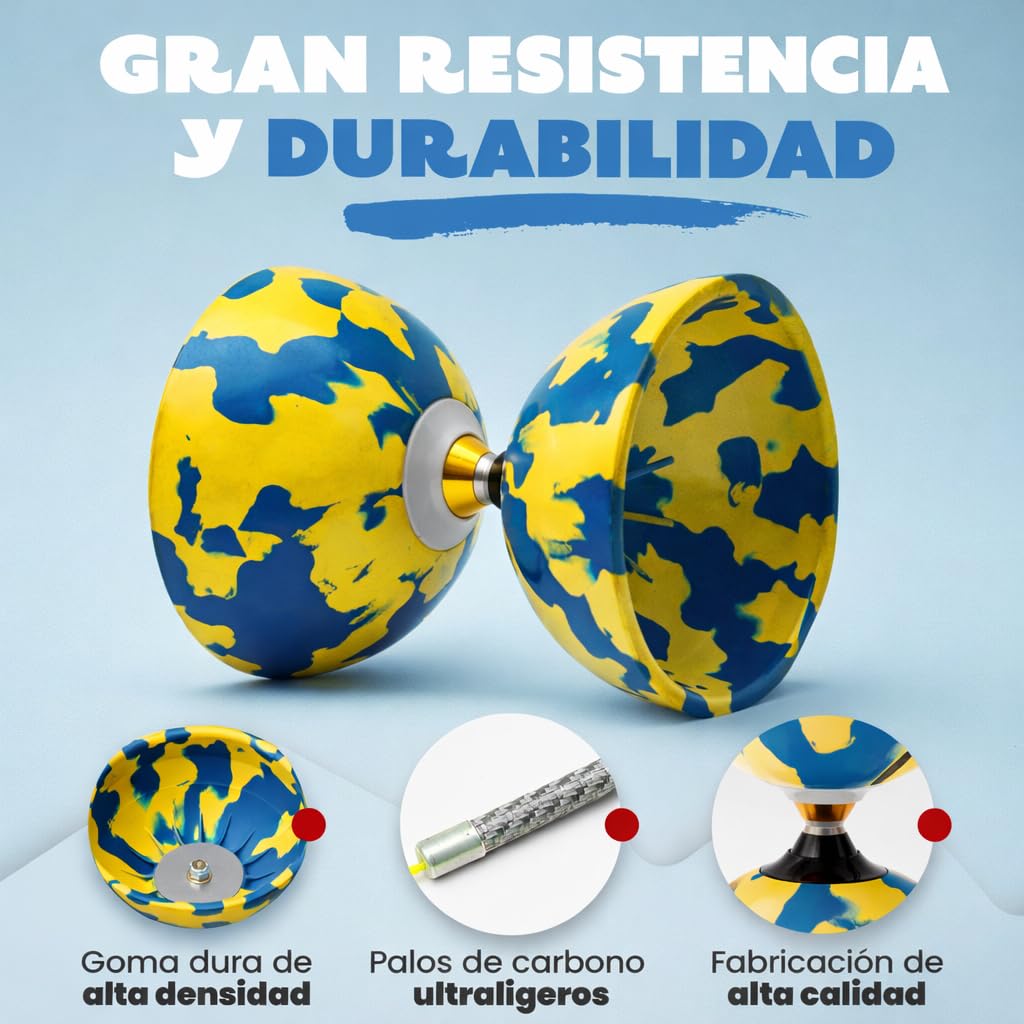 Diábolo Profesional Triple Rodamiento, Diabolo de Malabares con Palos de Fibra de Carbono, Cuerda y Bolsa de Transporte, Estable y Resistente para Principiantes y Adultos (Amarillo y Azul) — view 4