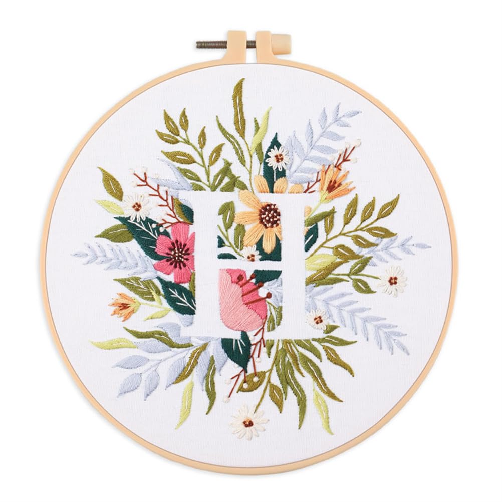 Meecaa Letter H Flower Leaves Plant H English Letters Embroidery Kit Starter Set, Hand Embroidery Set,Pattern Printed Cross Stitch Set For Beginner Adults, With Embroidery Hoop And Instructions (Letter H)