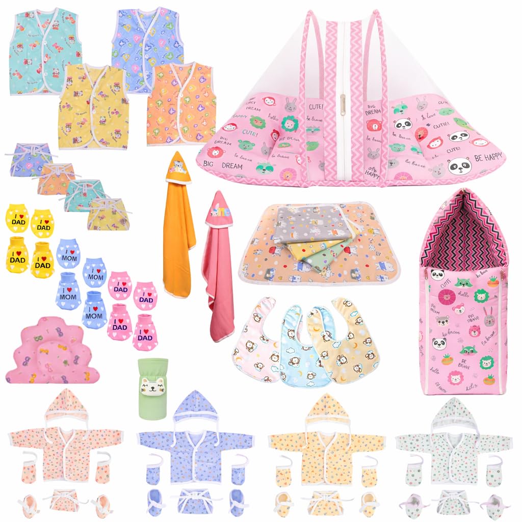 Kwitchy Newborn Baby Essentials Kit 47 Items Combo | New Born Baby Kit 0–6 Months | Baby Bed Bedding Clothes Set | Hospital Bag & Baby Shower Gift (Pink)-image-9