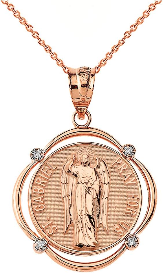 10k Rose Gold St. Gabriel The Archangel Diamond Round Frame Pendant Necklace