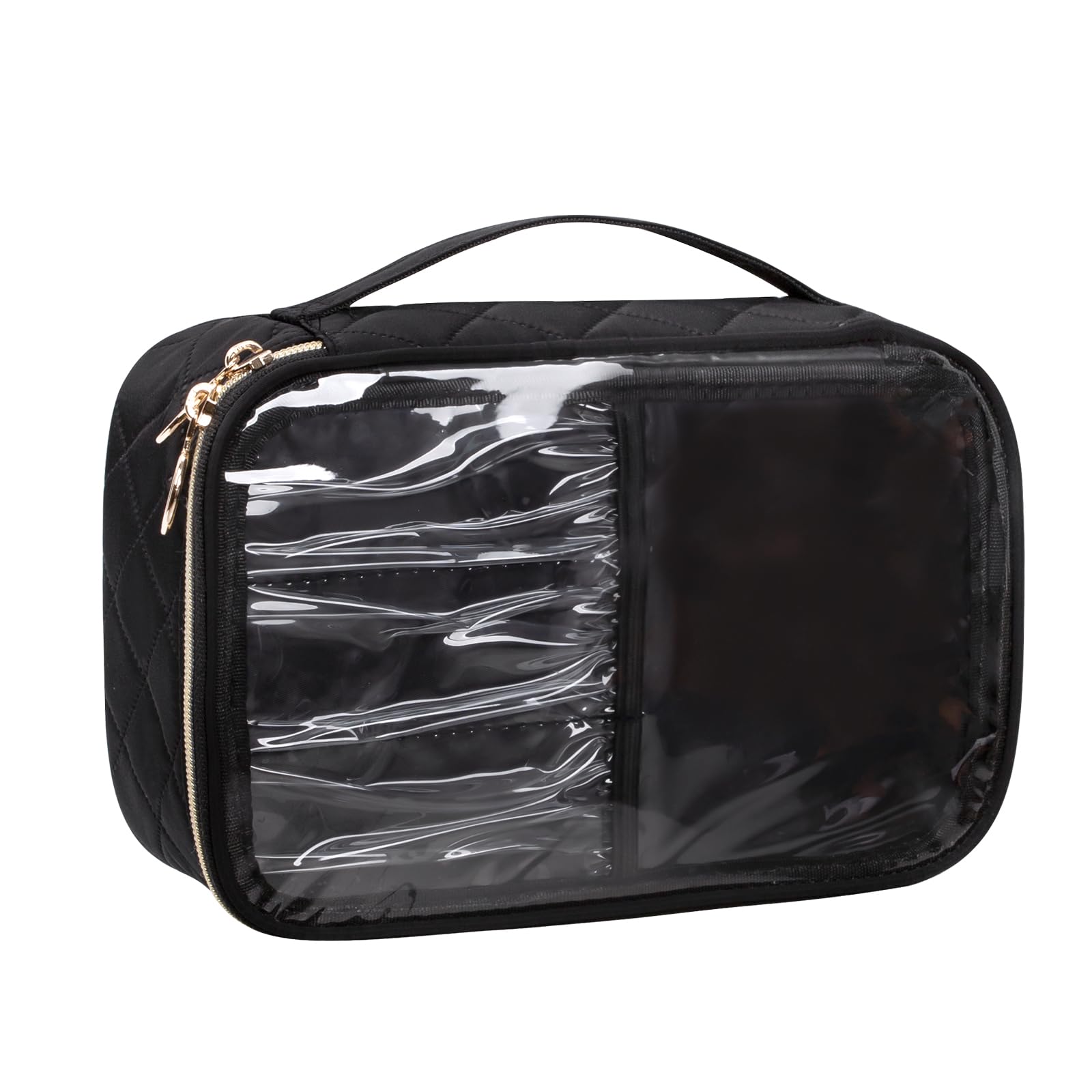 OCHEAL Clear Makeup Bag, Portable Cosmetic Organize,Travel Makeup Bag Cute Clear Pouch For Women and Girls Cosmetics Bags with Divider Makeup Brush Compartment-Black Nylon