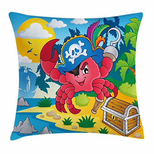 Lunarable Pirate Throw Pillow Cushion Cover, Cartoon Crab with Eye Patch Pirate Hat Hook Pegleg Deserted Island Coast Jungle, Decorative Square Accent Pillow Case, 36