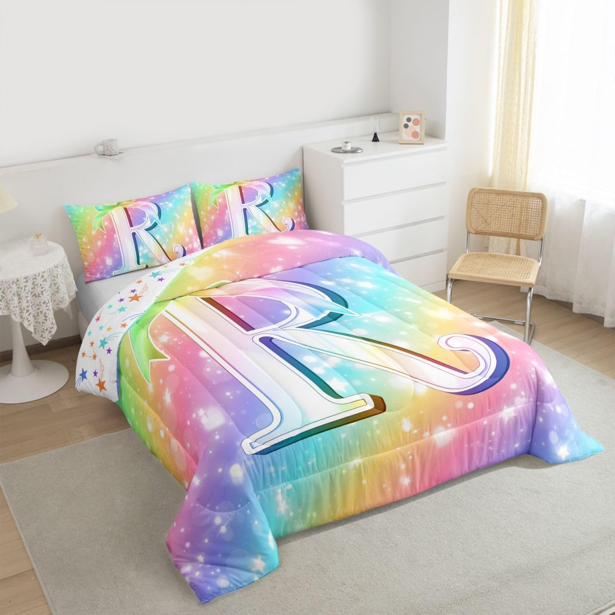 Feelyou Colorful Rainbow Comforter Set Personalized Gifts for Kids Girls Bedding Set with 2 Pillow Cases Cute Coquette Bow Knot Kids Full Bedclothes Initial R Bedroom Decor Monogrammed Duvet Quilt
