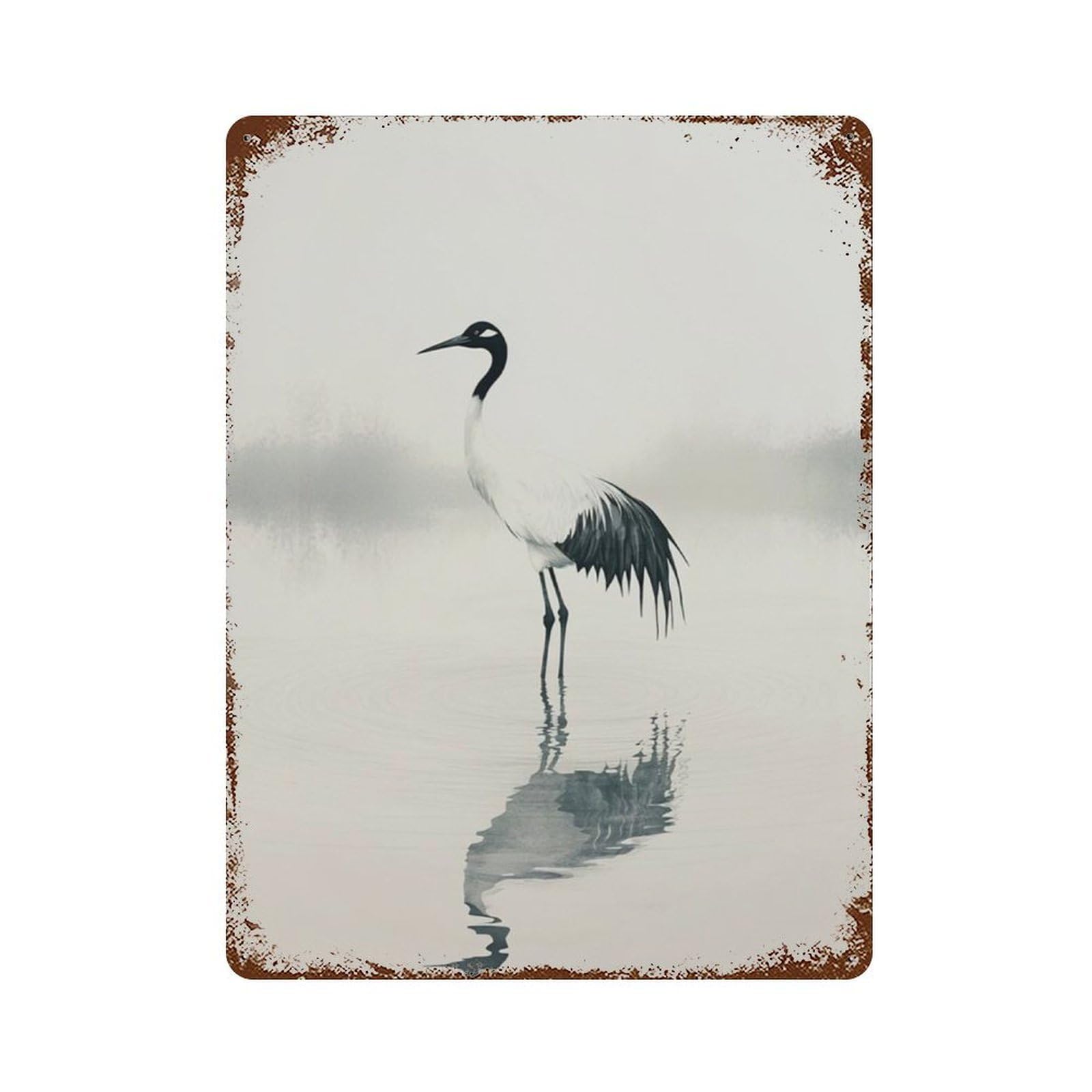 xiaoxiaoshen Japanese Crane Minimal Nature Zen Bird Misty Water Landscape Wall Decor Art Metal Tin Poster Modern Home Decor Art Home Bar Shop Decorations Vintage Sign 40x30cm