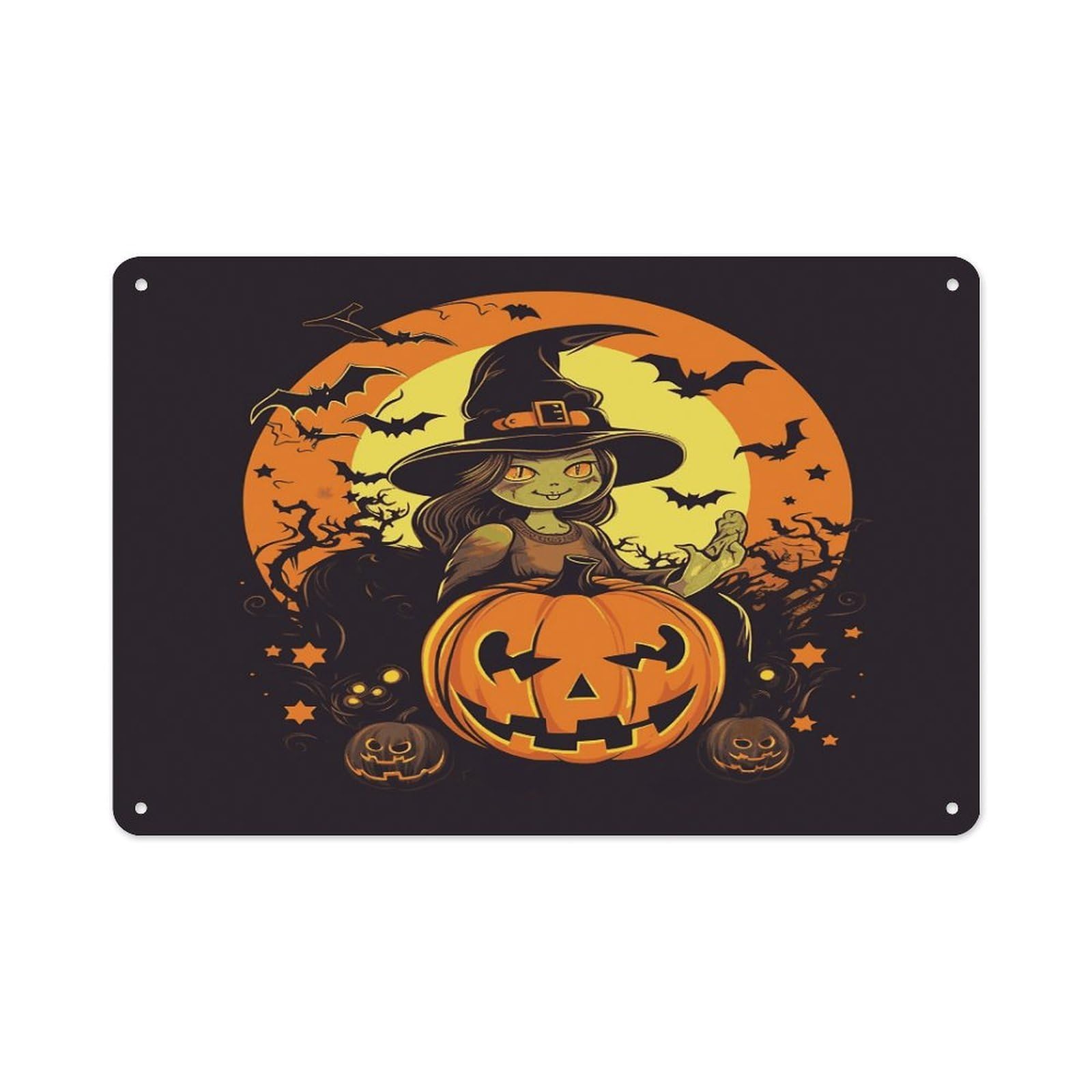 Btcowzrv Style Halloween Pumpkin Witch Metal Sign 7.9 X 11.8 Inch, Aluminum Sign Wall Art Decor Easy To Install, Decorative Plaque For Home Bar Kitchen Pub Shop Garage