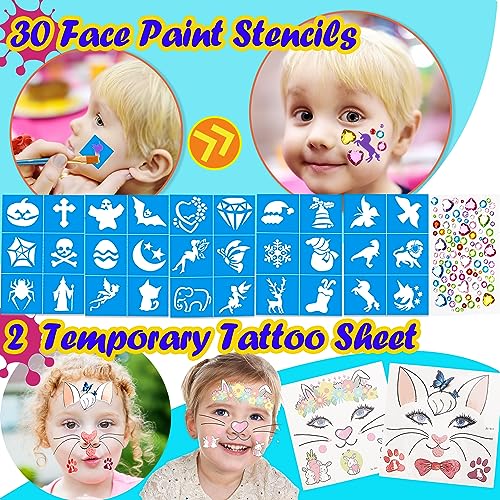 Chennyfun Face Paints Kit for Children, 18 Colors Face Painting Kit Make Up Set for Boys Girls, Washable with Hair Chalk, Glitter, Stencil, Tattoo for Kids for Carnival Halloween Party - Image 4