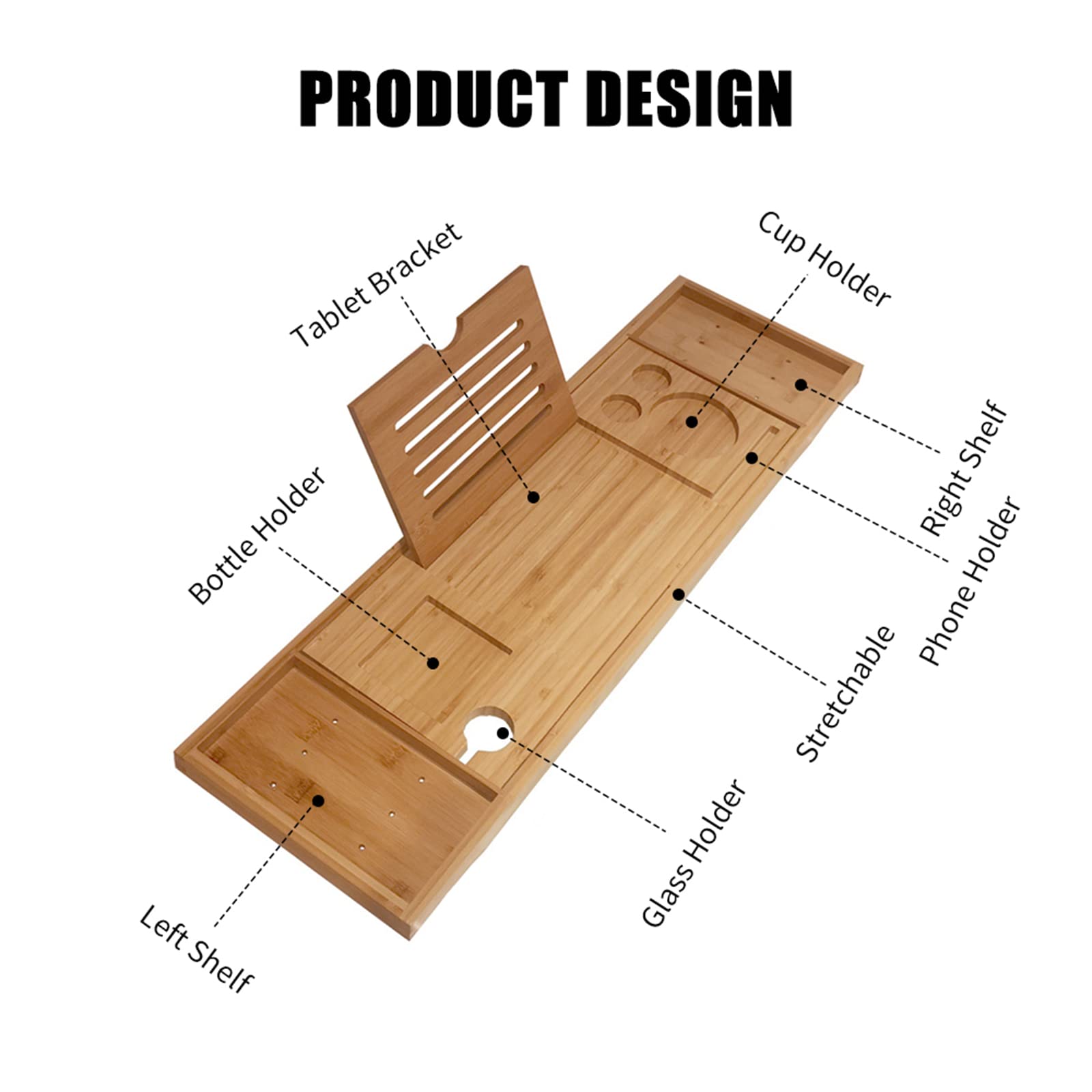 Bandejas de bambú para bañera, Bandeja Extensible para bañera de bambú de 37,4 Pulgadas con Soportes para Libros de tabletas y teléfonos Inteligentes, Bandeja y Soporte para Copas de Vino
