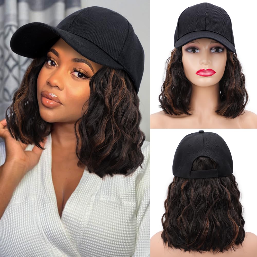 CHRSHN Hat Wig Short Wave Baseball Cap Wigs with Curly Hair Extensions Synthetic Wave Adjustable Baseball Hat Wigs for Women(4H30#)