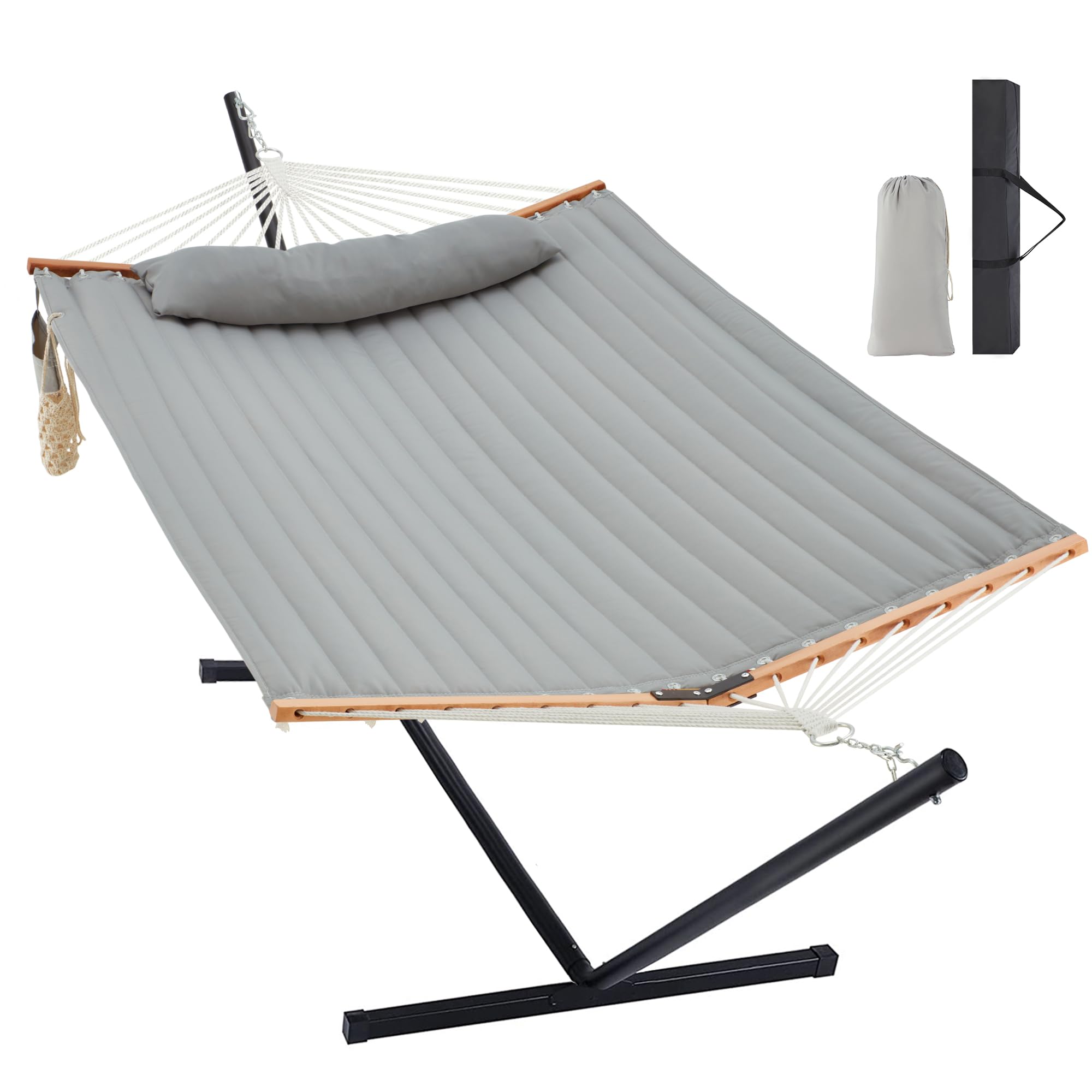 Two Person Hammock with Stand for Outside Heavy Duty, Outdoor Patio Hammock with Portable Steel Stand, Large Double Hammocks,480lbs Capacity.(Middle Grey)