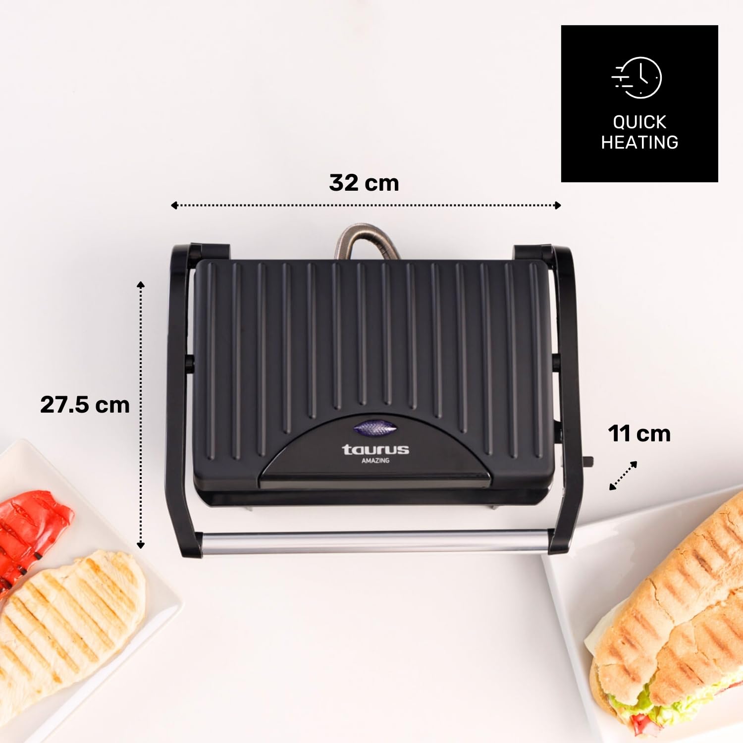 Taurus Amazing - Machine à Sandwich Électrique GR1700, 700W, Plaques Grill Antiadhésives, Poignée Froide au Toucher, Plaque Supérieure Auto-ajustable, Chauffage Rapide, Système de Verrouillage