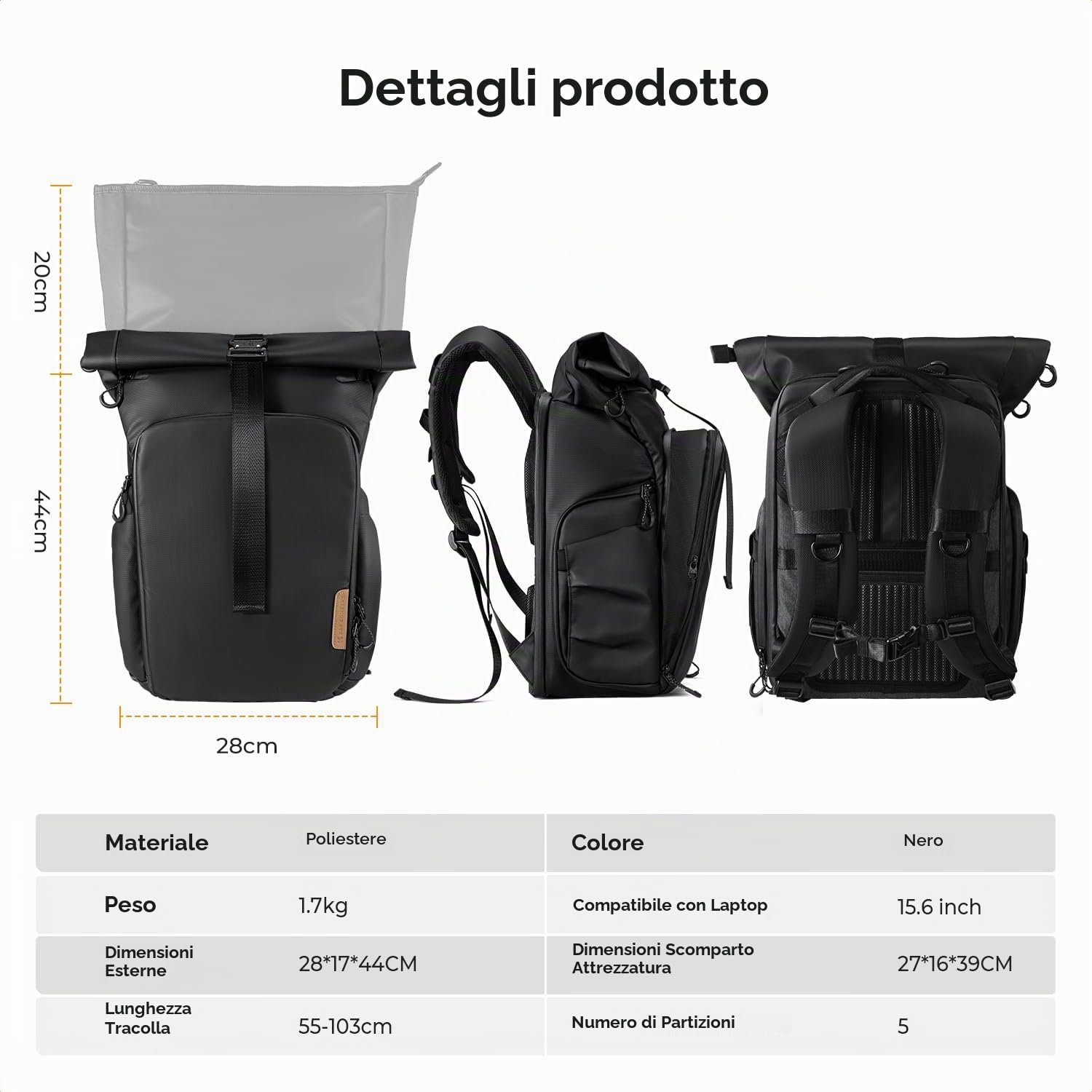 K&F CONCEPT Zaino Fotografico Espandibile Impermeabile | Design roll-top espandibile, scomparto laptop 15.6", pelle 1680D antispruzzo, cerniere impermeabili, treppiede sul fondo B11