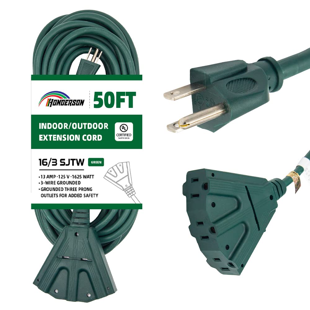 50 Ft Outdoor Extension Cord with 3 Electrical Power Outlets - 16/3 SJTW Durable Green Cable with 3 Prong Grounded Plug for Safety,UL Listed
