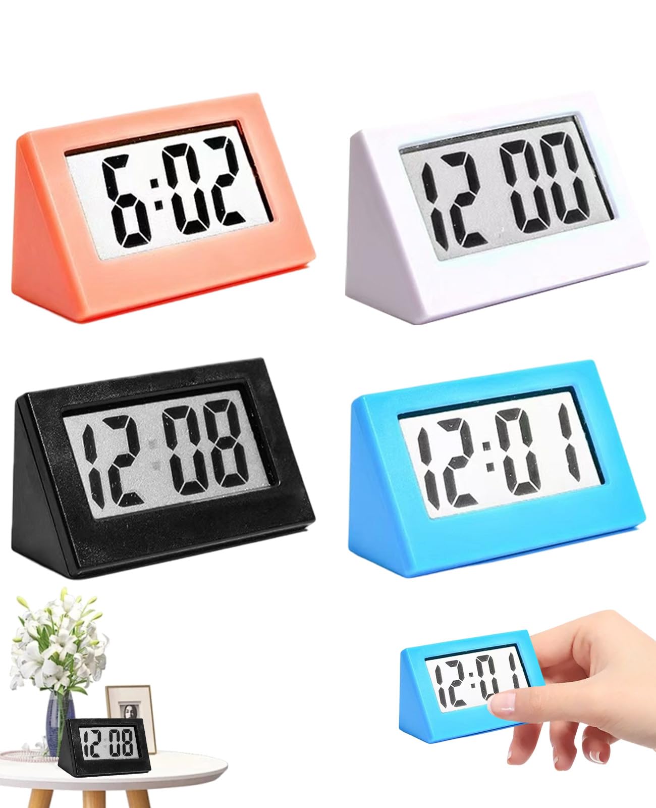 FunnAura 4 Pcs Digital Travel Alarm Clock, Portable Silent Mini Lcd Clocks Battery Operated for Shelf Table Desk