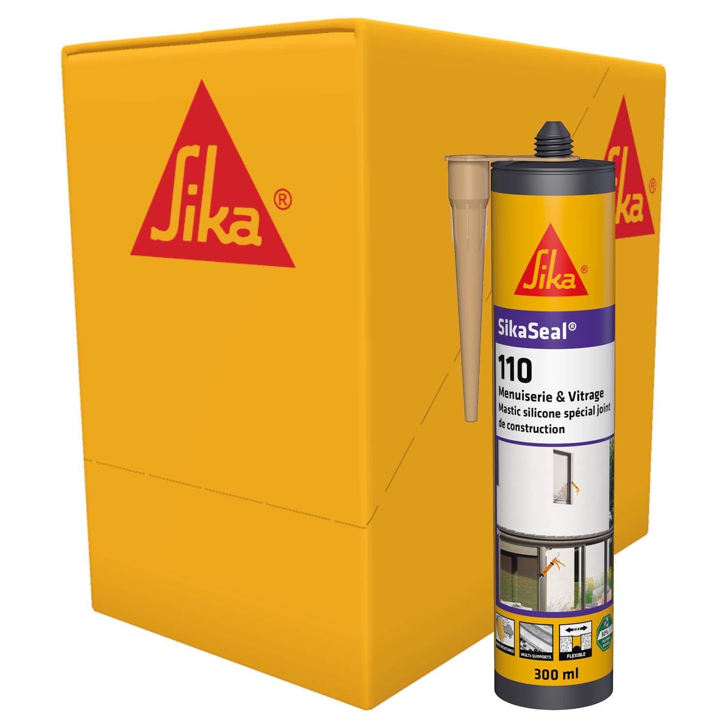SIKA - Mastic - SikaSeal-110 Menuiserie & Vitrage - Beige - Carton 12x300ml | Silicone de construction - Joints de menuiserie et vitrage - Extérieur/intérieur