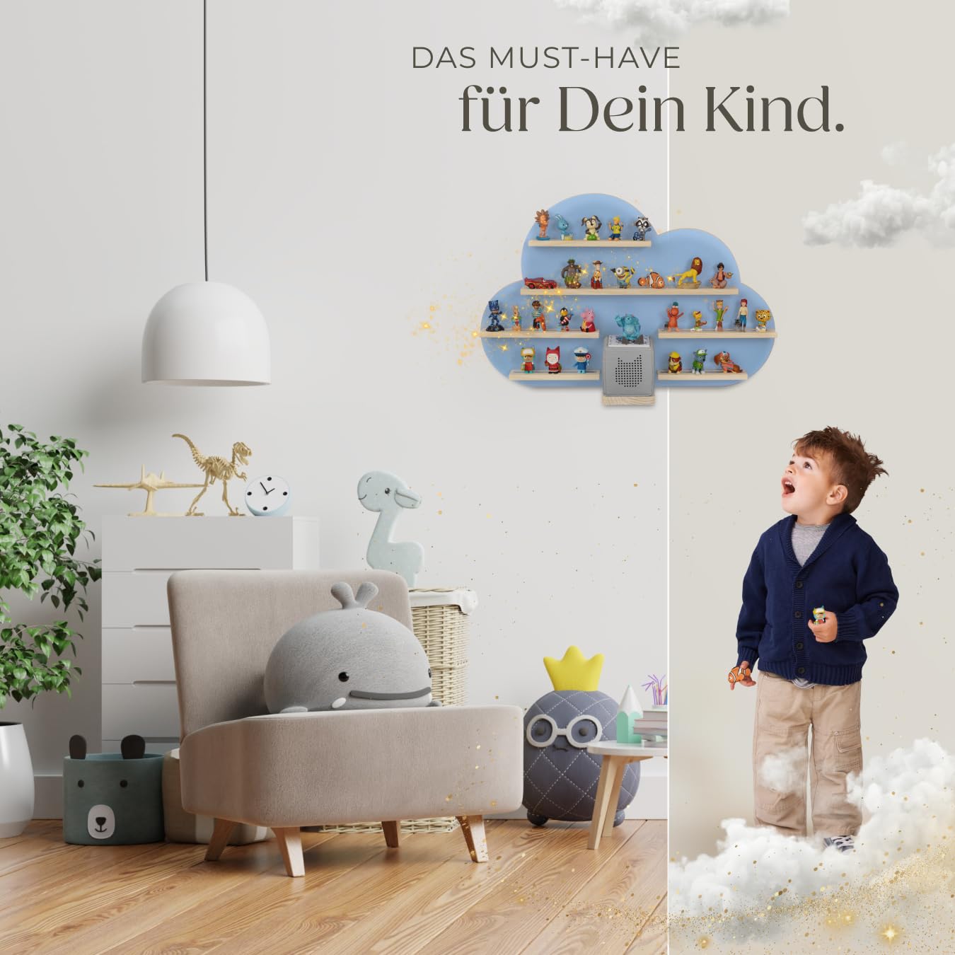 tectake® Holz Regal mit Magnetstreifen für Wand Montage, Tonieregal, Wandregal für's Kinderzimmer, Aufbewahrung Musikbox, für Tonies Tonie Hörfiguren und Toniebox - blau