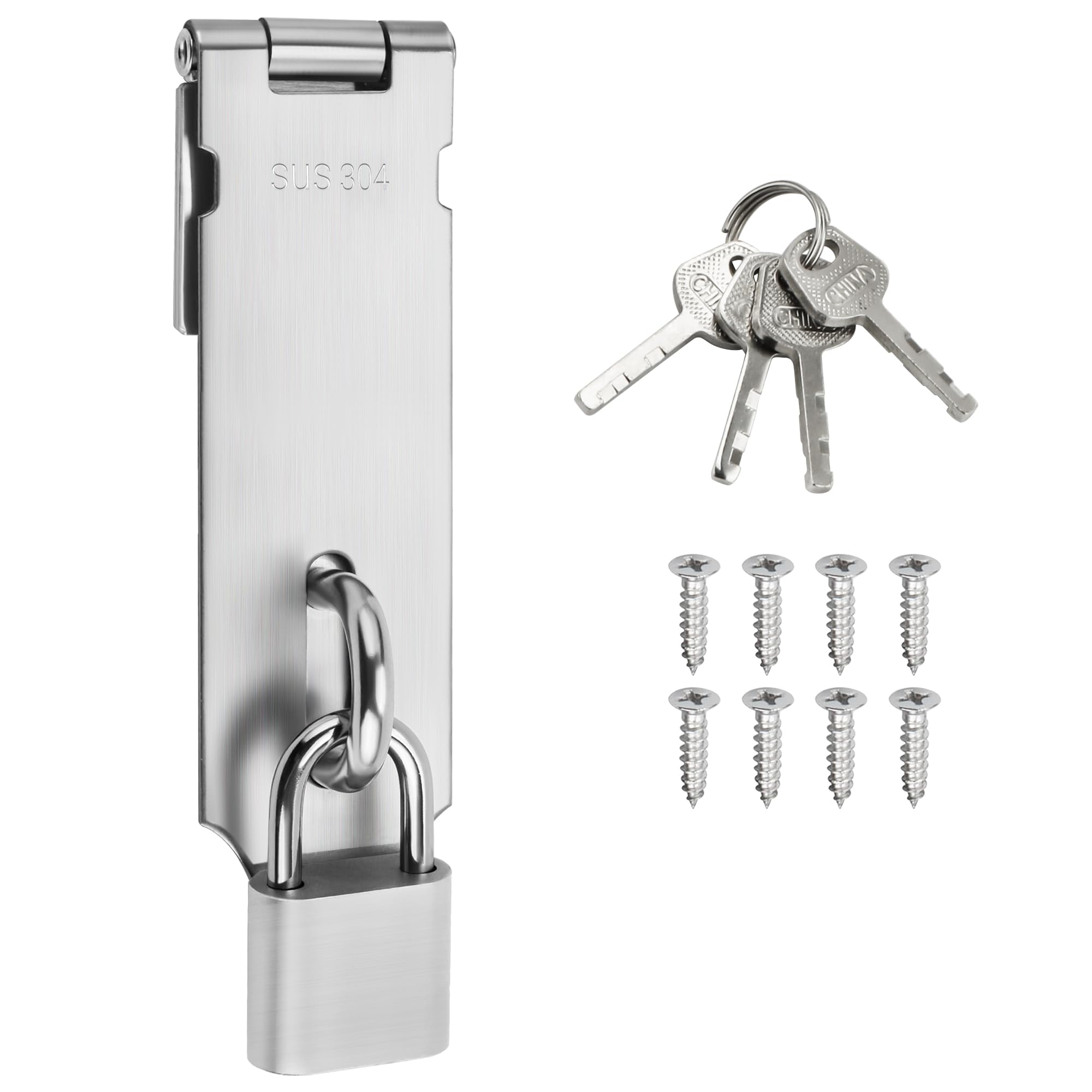 SAYAYO Shed Lock Hasp Door Lock with Padlock & 4 Keys, 5-Inch Heavy Duty Hasp and Staple Door Clasp Gate Latch, SUS304 Stainless Steel Silver Brushed