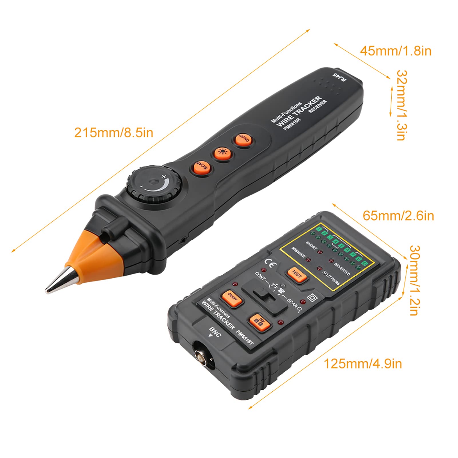 YWBL-WH Tester per Cavi di Rete Localizzatore di Cavi Localizzatore di Linea RJ45 RJ11, PM6816 Ricevitore da 8,5x1,8x1,3 Pollici Emettitore da 4,9x2,6x1,2 Pollici 371g Test da 13,1 Once