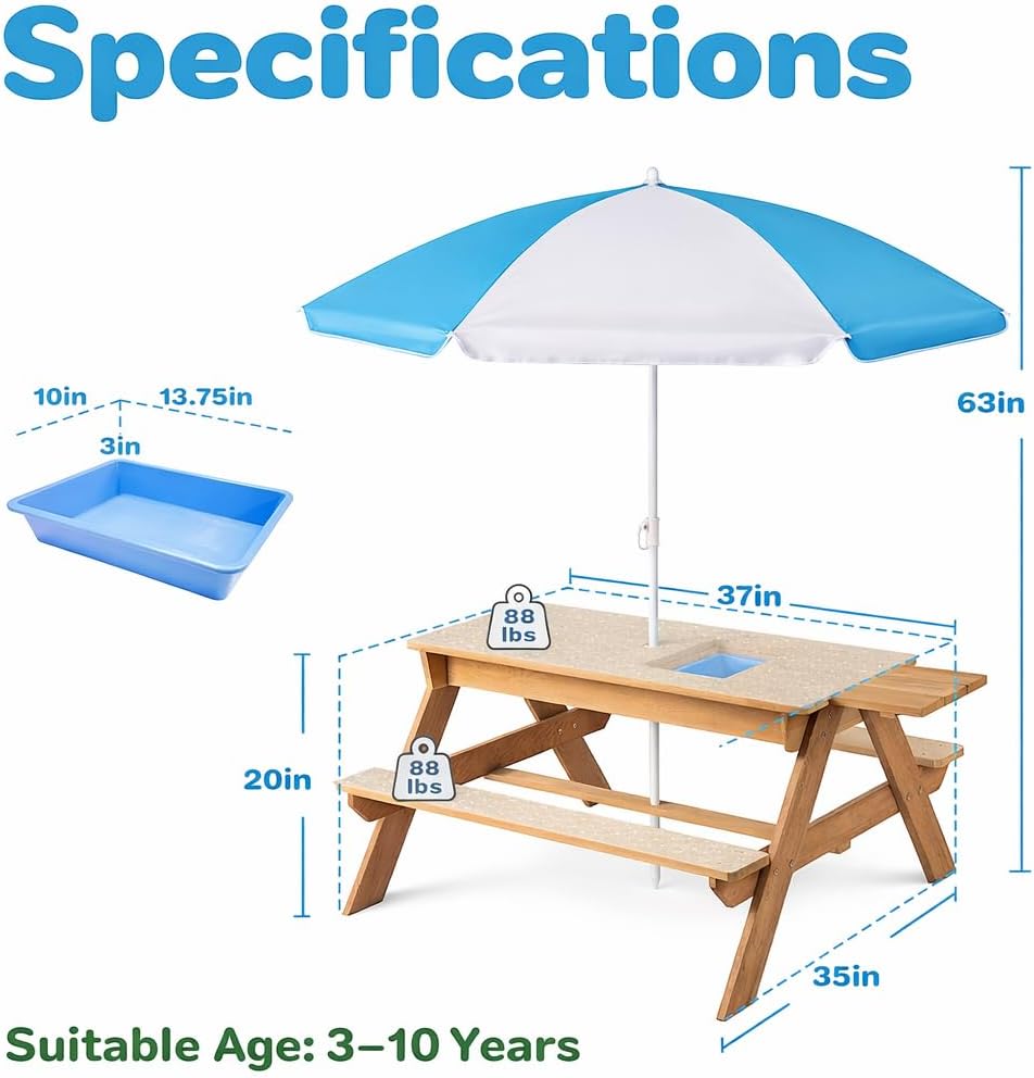 3-in-1 Wooden Kids Picnic Table with Adjustable 43" Umbrella, Converts to Sand & Water Activity Table, Seats 4 Kids Age 3+, Natural Cedar