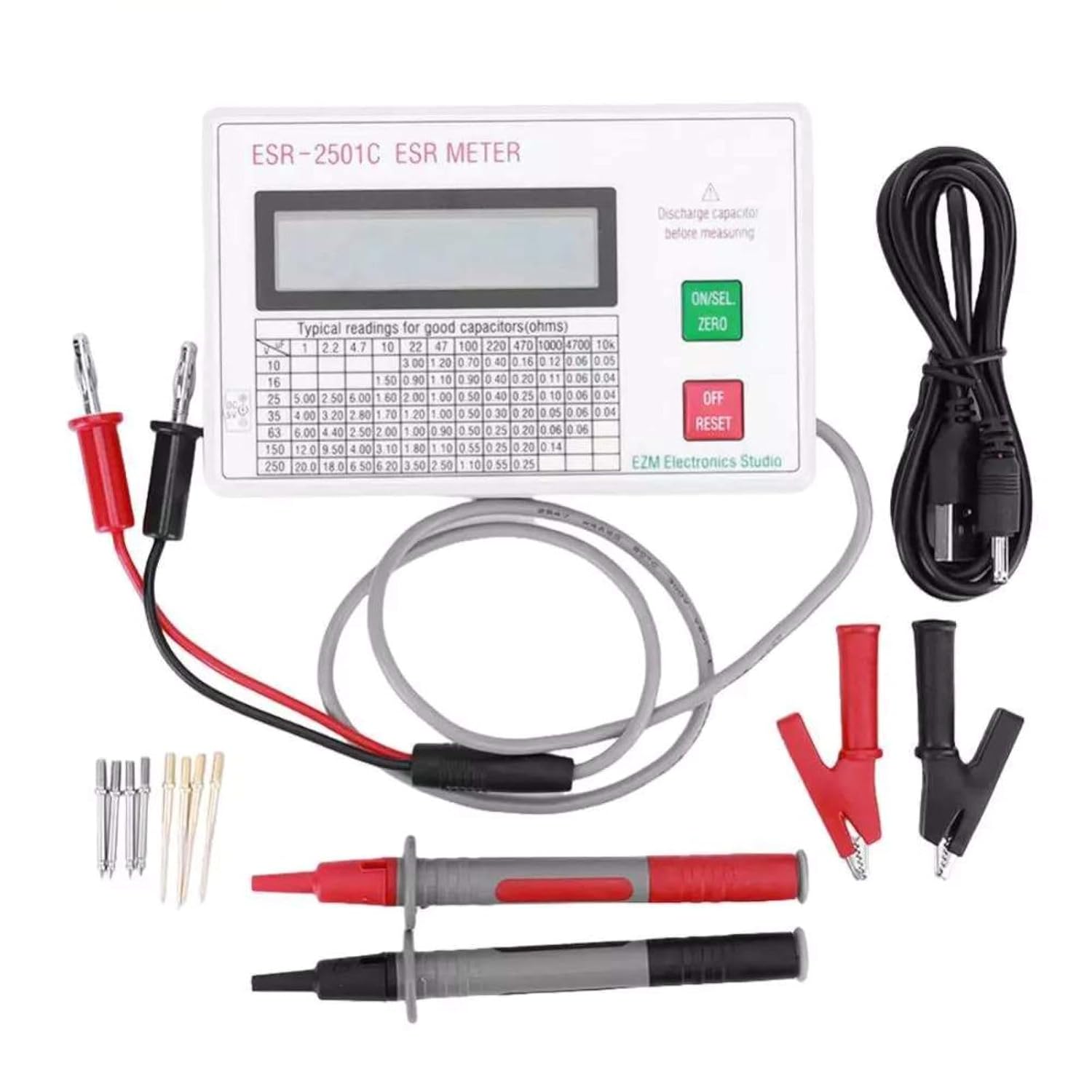 ESR-2501C Digital Capacitor ESR DCR Tester 0 to 25Ω High Accuracy DC Measurement Auto Zero Adjustment Smart Shutdown