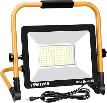 AUXTINGS 75W 7500LM Adjustable Portable LED Work Light 6000K LED Flood Lights with Stand,10FT Cord with Plug for Repairing Workshop Garage Construction Job Site Outdoor Home, IP66 Waterproof