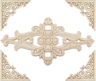 T Tulead Wooden Appliques Decorative Furniture Appliques and Onlays DIY Wood Carving Decals Corner Applique 10.6"×5.51", 3.15"×3.15" (1PCS+4PCS, Style C), for Cabinet Wardrobe Bed Door