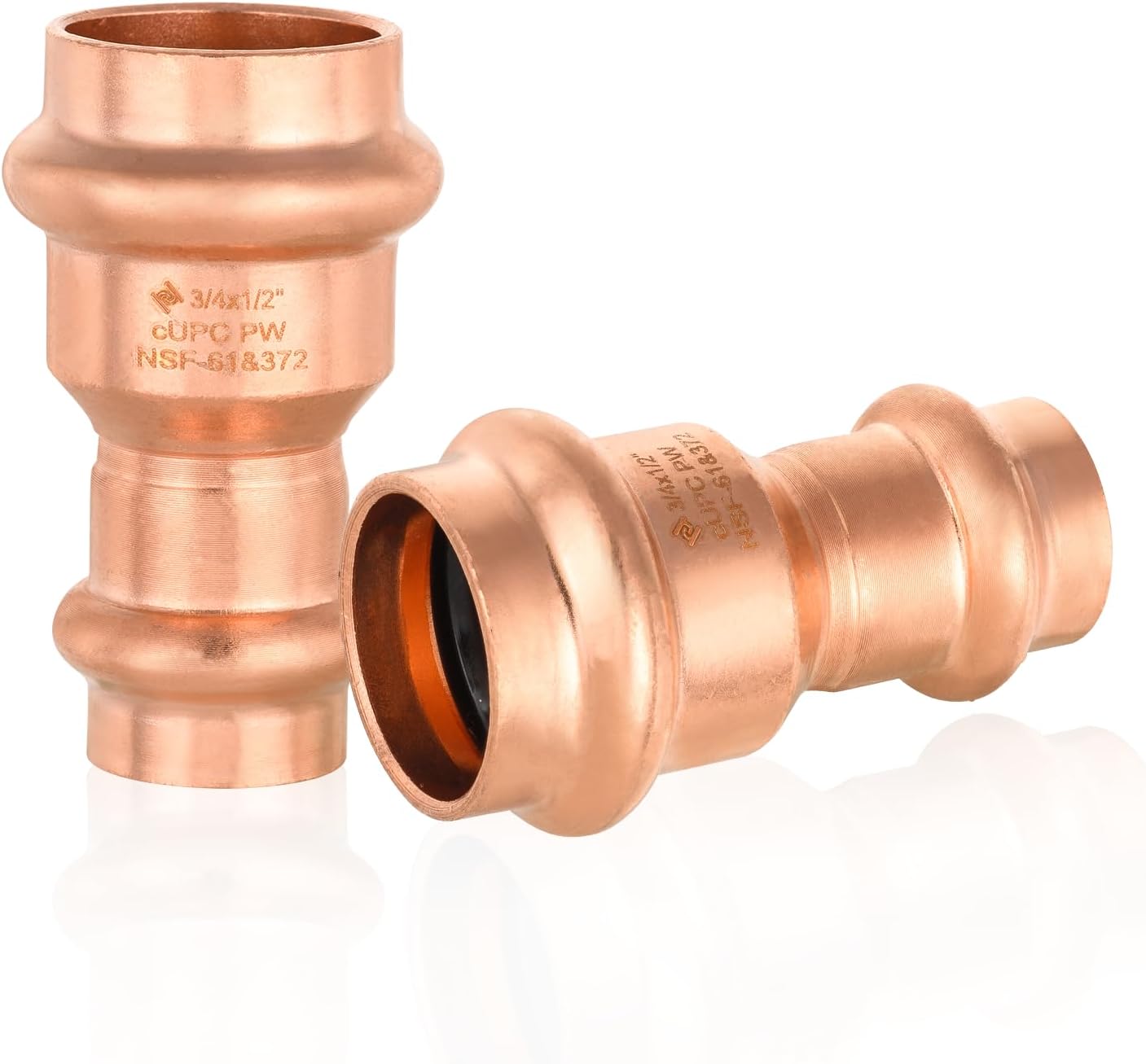 HeSun 10-Pack Copper Press Coupling with Stop, 3/4" x 1/2" Pressure Fittings, P x P for Copper Tube Connection