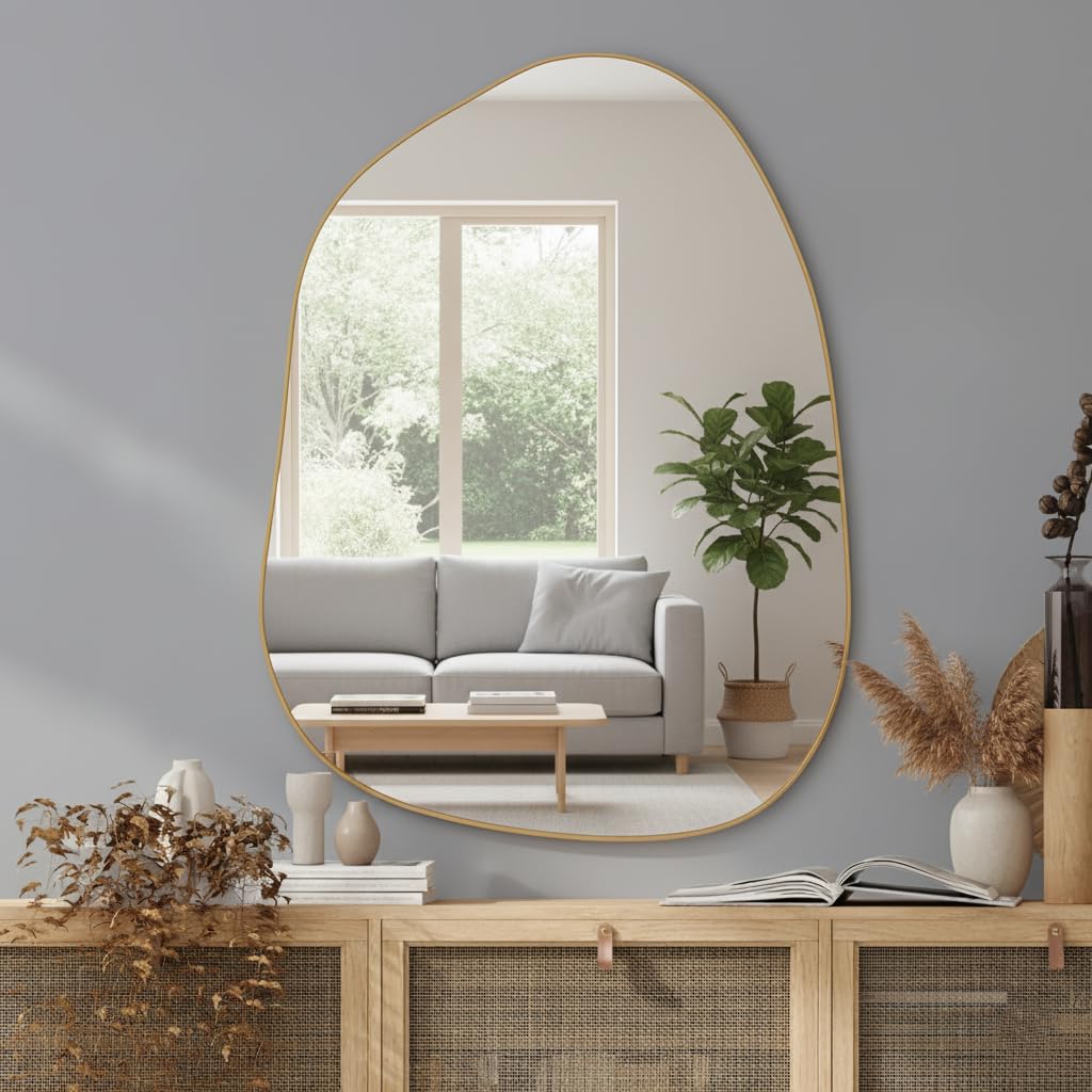 Irregular Asymmetrical Wall Mirror – Modern Gold Wood Frame, Decorative Wall-Mounted Mirror for Bathroom, Bedroom, Living Room & Entryway (12"x18")-image-38
