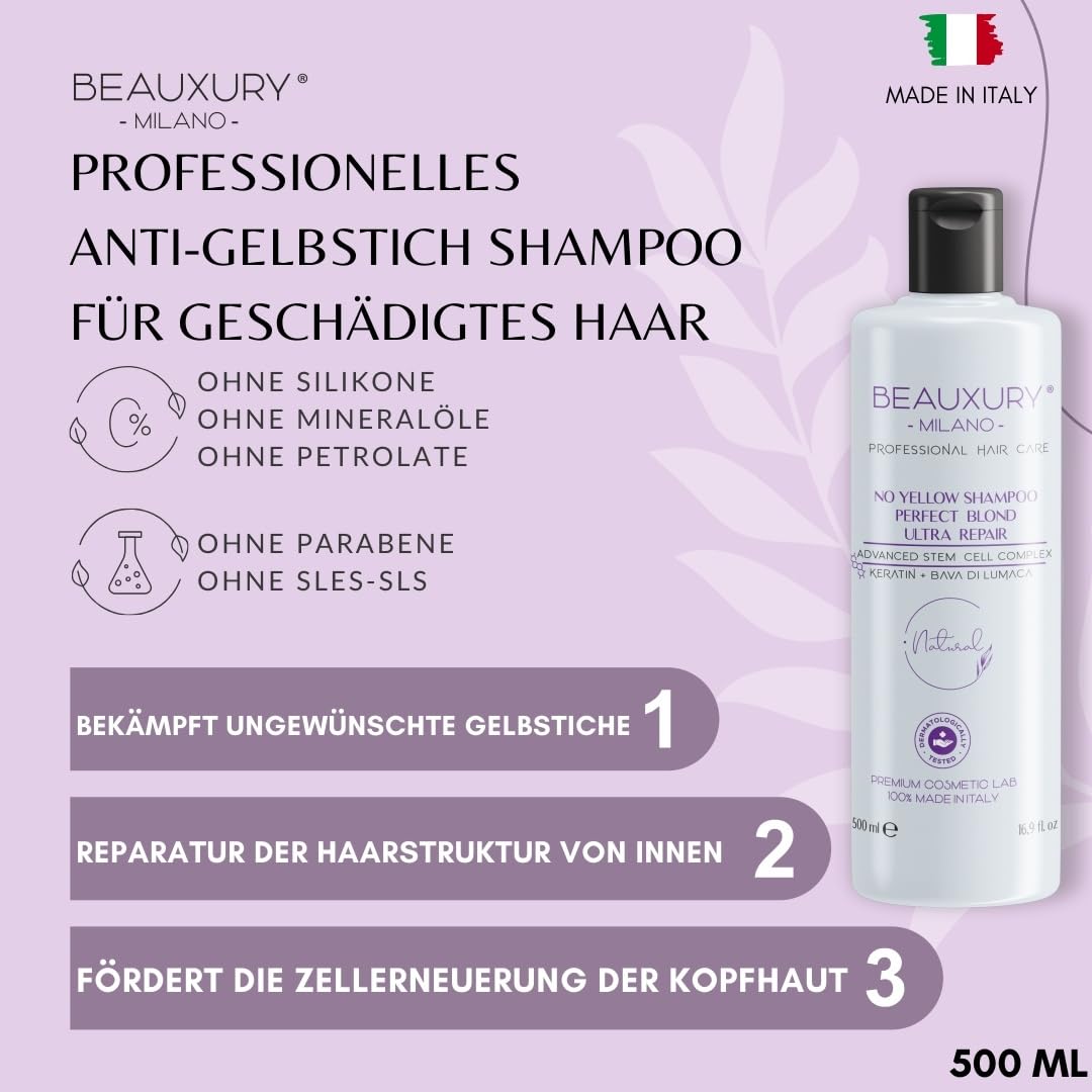 Beauxury Milano Anti-Gelbstich Aufbau-Kit – Shampoo, Maske & Serum Leave-in mit Schneckenschleim für Blondes & Geschädigtes Haar – Reparierende No-Yellow Pflege bei Blondierungsschäden