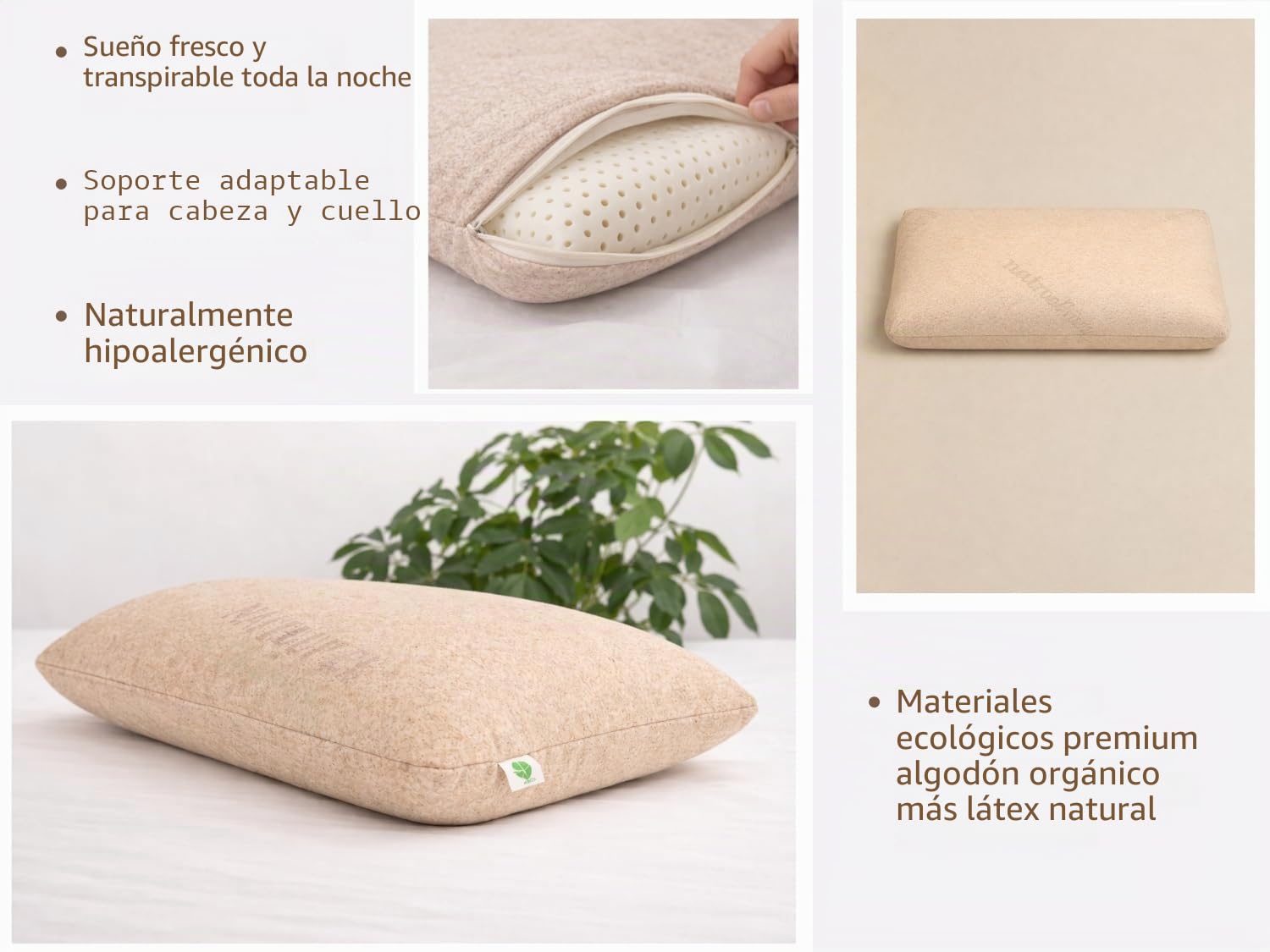 DREMADI Almohada de Latex 100% con Funda de Algodon y Lino 70X40, 12 CM, orgánica, Alivio de la presión Cervical, Desenfundable y Lavable. Ergonómica