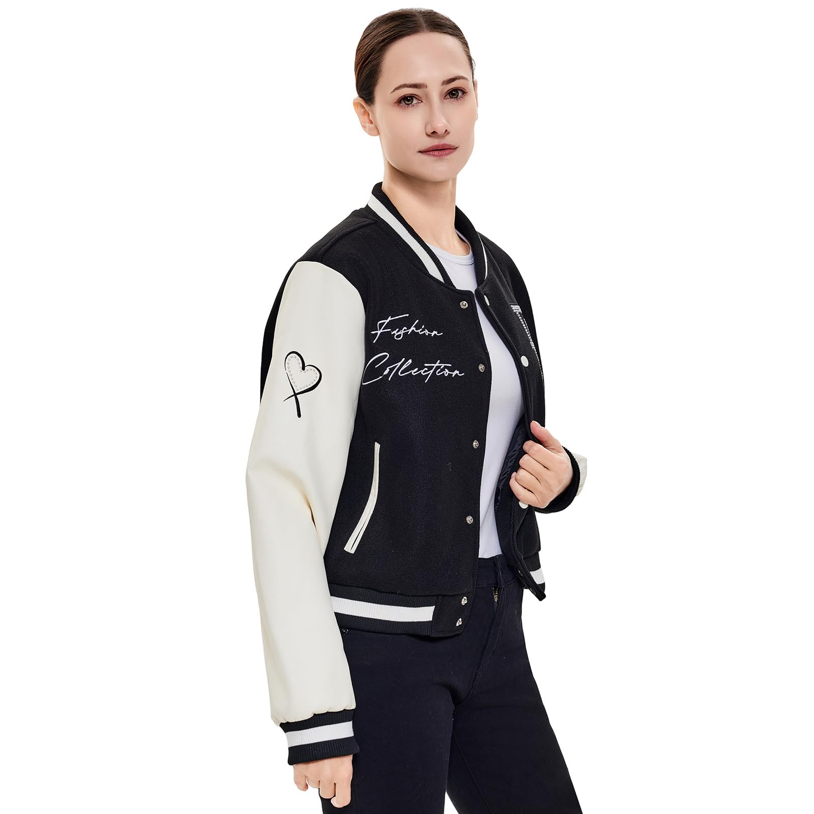 Veste universitaire en cuir synthétique pour femme, coupe ajustée, décontractée, légère