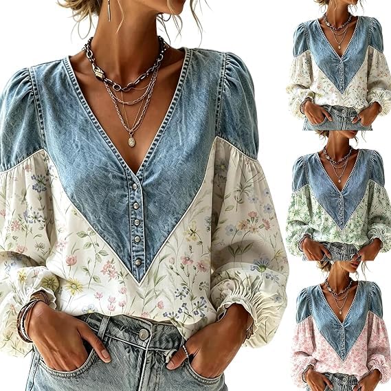 Floral Blouse Western Shirts for Women Boho Tops Fall Date Night Clothes | Puff Sleeve,Cute Floral Print,Patchwork,Loose Fit,Going Out,Layered Tops,Cowgirl Outfits Western Button Up Shirts For Women - image 1