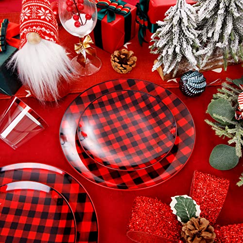 Nervure 150Pcs Red And Black Plastic Plates - Disposable Buffalo Plaid Plastic Plates - Plaid Christmas Plates Include 50Plates, 25Knives, 25Forks, 25Spoon, 25Cup For Party & Wedding #TOP2
