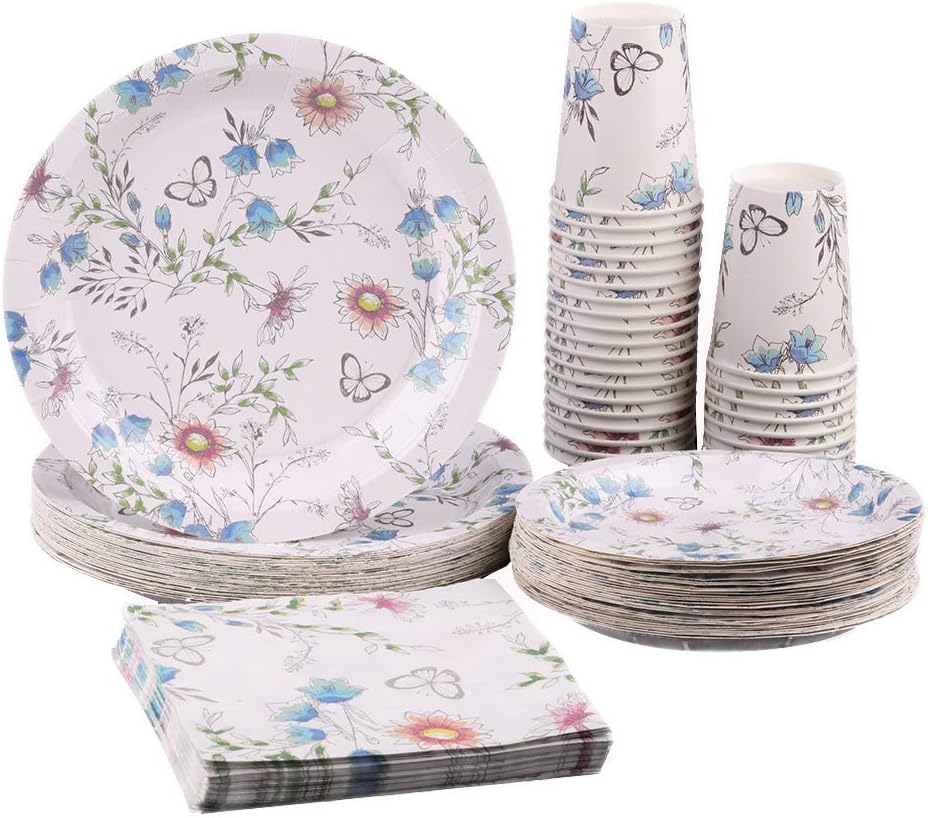 Floral Party Supplies 50 Guests Disposable Blue Butterfly Paper Plate and Napkins Set for Mother Birthday Girlfriend Party Wedding Engagement Bridal Shower Spring Tea Party