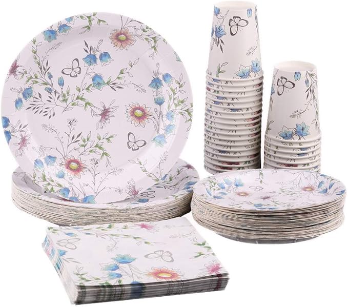 Ottin Floral Party Supplies 50 Guests Disposable Blue Butterfly Paper Plate and Napkins Set for Mother Birthday Girlfriend Party Wedding Engagement Bridal Shower Tea Party
