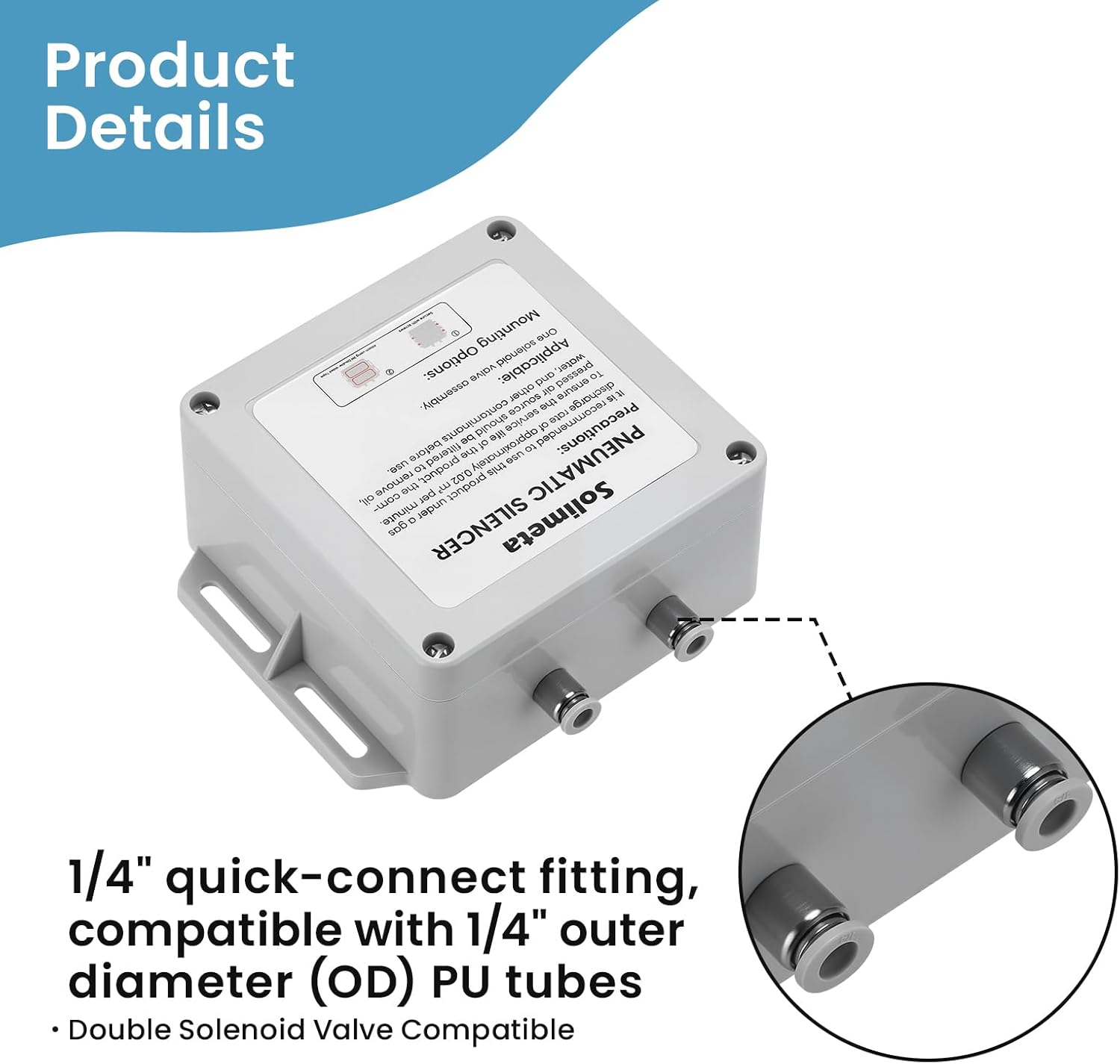 Solimeta patented pneumatic muffler, 1/4" inlet Pneumatic Exhaust Silencer – Double Solenoid Valve Compatible, 10-30dB Noise Reduction Muffler for Air Compressors & Pneumatic Equipment