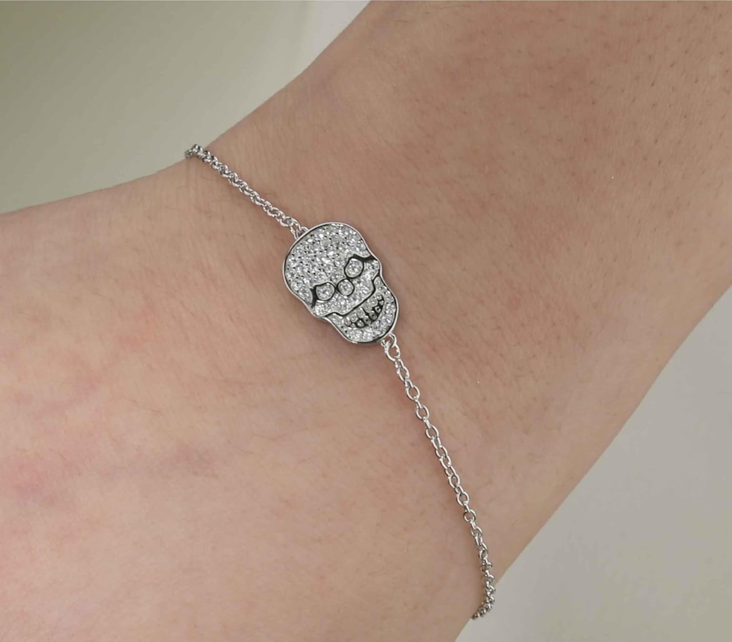 Art and Molly Skull Womens Bracelet Genuine Sterling Silver Cubic Zirconia Fine Silver Skull Bracelet for Her