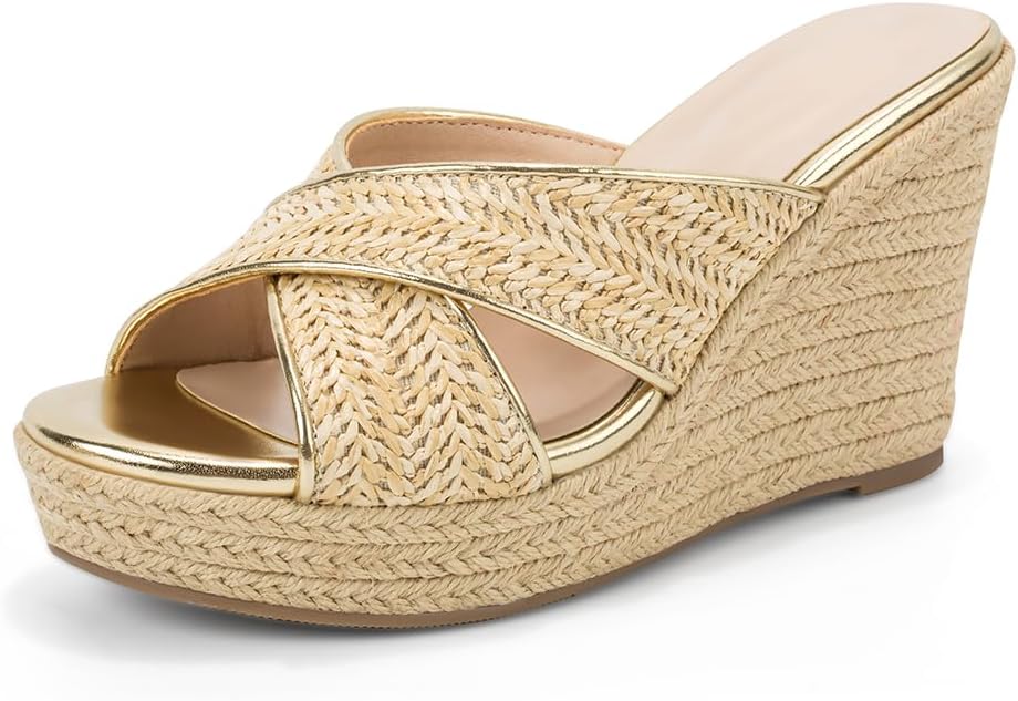 Mezent Women's Wedge Slides -Sandals - espadrilles raffia sandals -summer Open Toe platform Slip On high heel casual sandals beach comfortable slippers