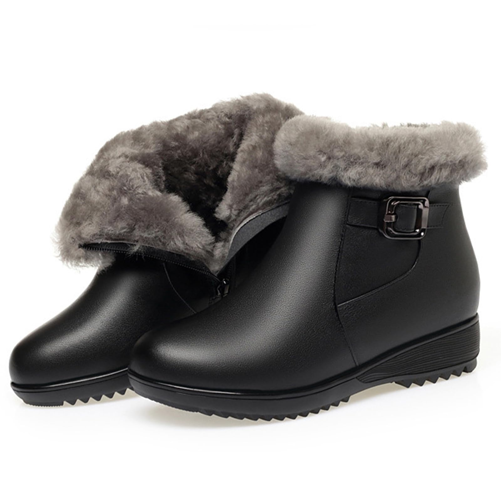 Womens Genuine Leather Warm Wedge Heel Ankle Boots Classic Round Toe Fully Wool Lined Side Zipper Non-Slip Soft
