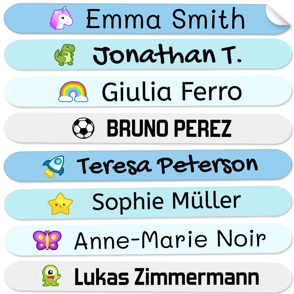 50 Pegatinas Personalizadas con Nombre para material escolar. Etiquetas adhesivas mini de colores. Vinilo adhesivo identificativo impermeable para bolis y lápices. Tamaño 4,6 x 0,6 cm